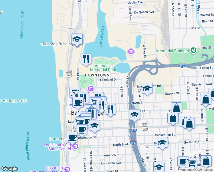 map of restaurants, bars, coffee shops, grocery stores, and more near 615 Spanish Town Road in Baton Rouge
