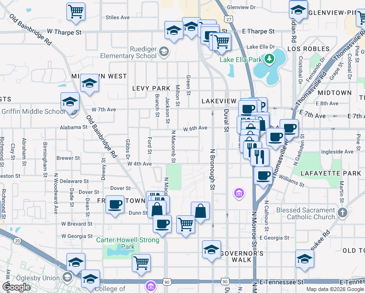 map of restaurants, bars, coffee shops, grocery stores, and more near 411c West 5th Avenue in Tallahassee