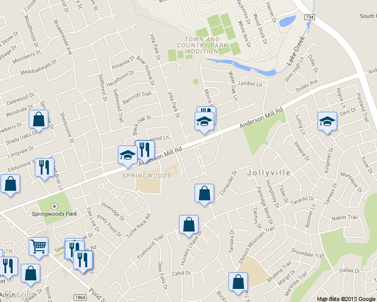 map of restaurants, bars, coffee shops, grocery stores, and more near 17 Anderson Mill Road in Austin