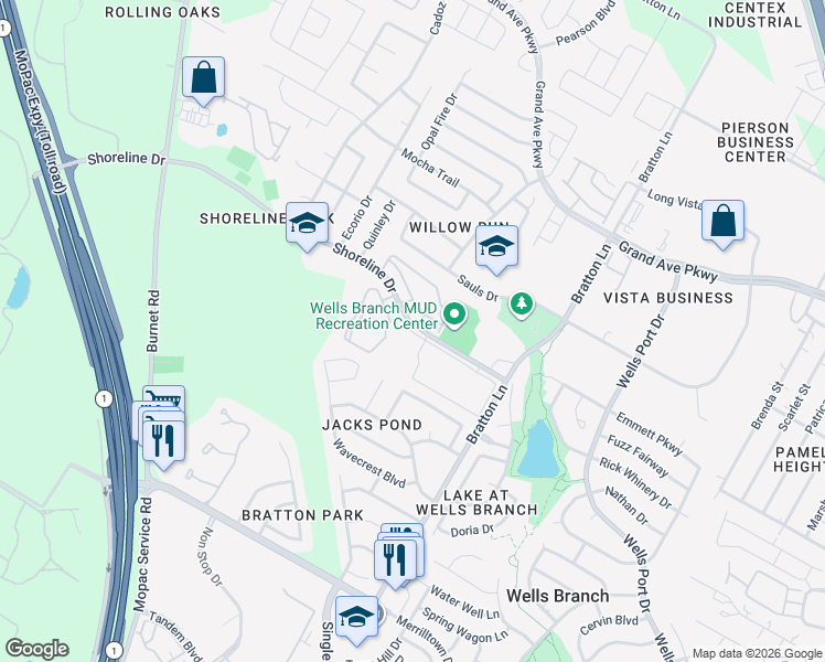 map of restaurants, bars, coffee shops, grocery stores, and more near 3101 Shoreline Drive in Austin