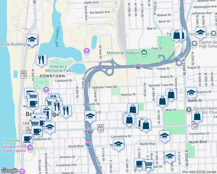 map of restaurants, bars, coffee shops, grocery stores, and more near 1200 Spanish Town Road in Baton Rouge