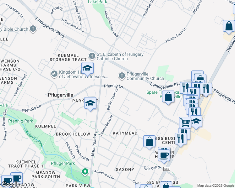 map of restaurants, bars, coffee shops, grocery stores, and more near 1420 Walden Pond Drive in Pflugerville