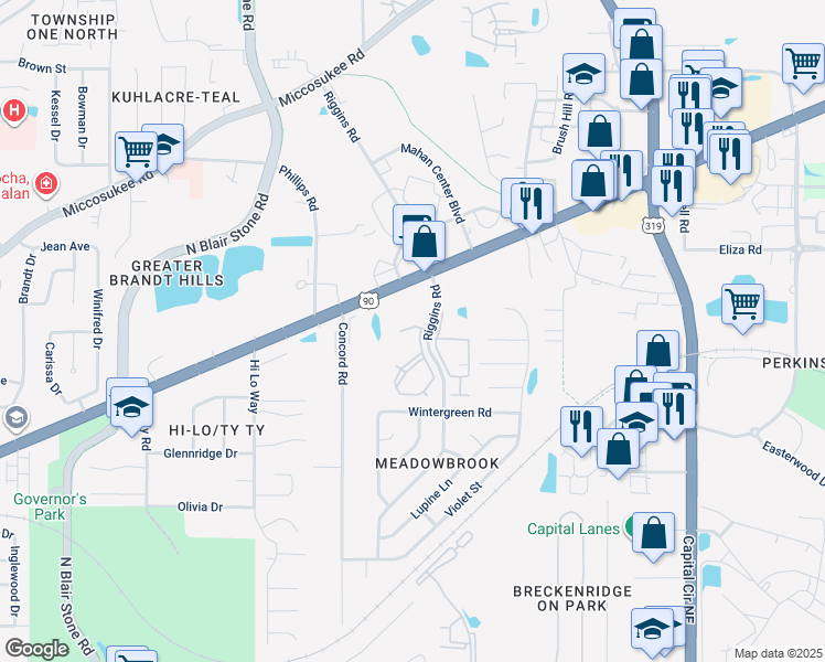 map of restaurants, bars, coffee shops, grocery stores, and more near 900 Riggins Road in Tallahassee