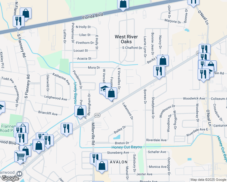 map of restaurants, bars, coffee shops, grocery stores, and more near 885 Fountainbleau Drive in Baton Rouge