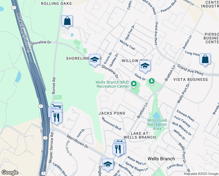 map of restaurants, bars, coffee shops, grocery stores, and more near 3501 Shoreline Drive in Austin