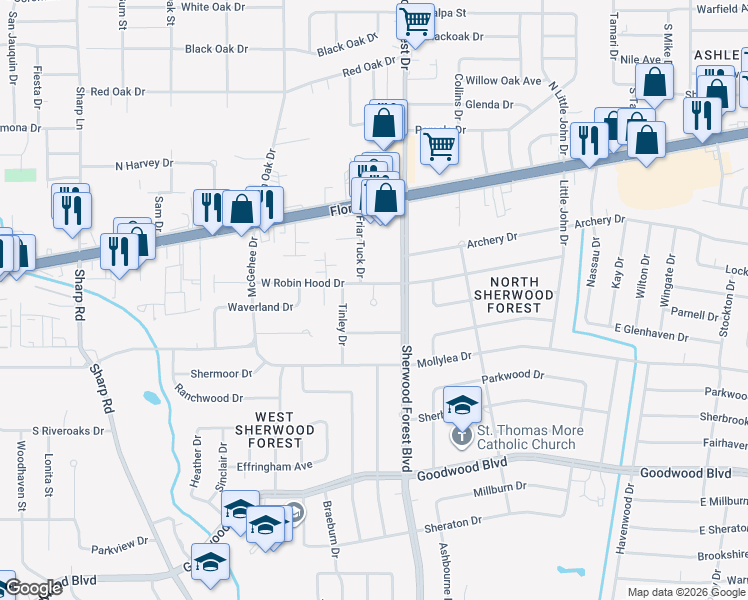 map of restaurants, bars, coffee shops, grocery stores, and more near 336 Burgess Place in Baton Rouge