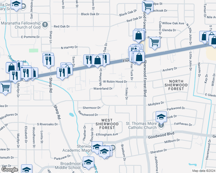 map of restaurants, bars, coffee shops, grocery stores, and more near 10887 Waverland Drive in Baton Rouge