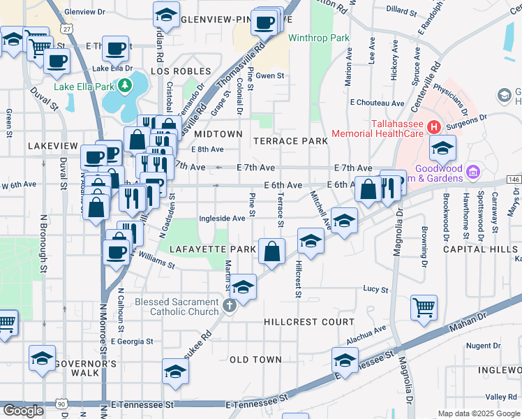 map of restaurants, bars, coffee shops, grocery stores, and more near 649 Ingleside Avenue in Tallahassee