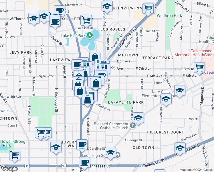 map of restaurants, bars, coffee shops, grocery stores, and more near 1117 Thomasville Road in Tallahassee