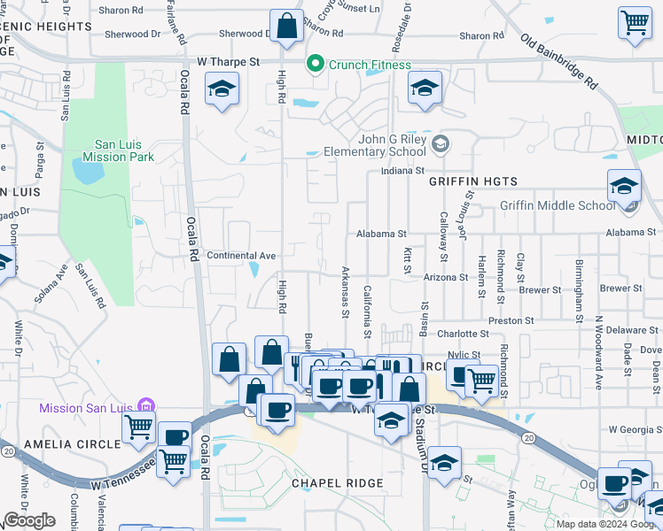 map of restaurants, bars, coffee shops, grocery stores, and more near 939 Arkansas Street in Tallahassee