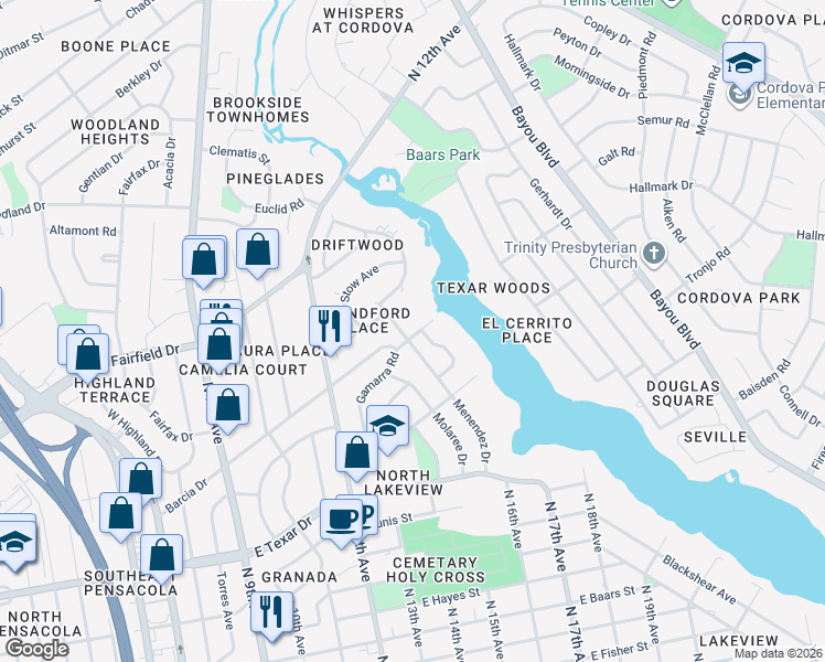 map of restaurants, bars, coffee shops, grocery stores, and more near 3848 Menendez Drive in Pensacola