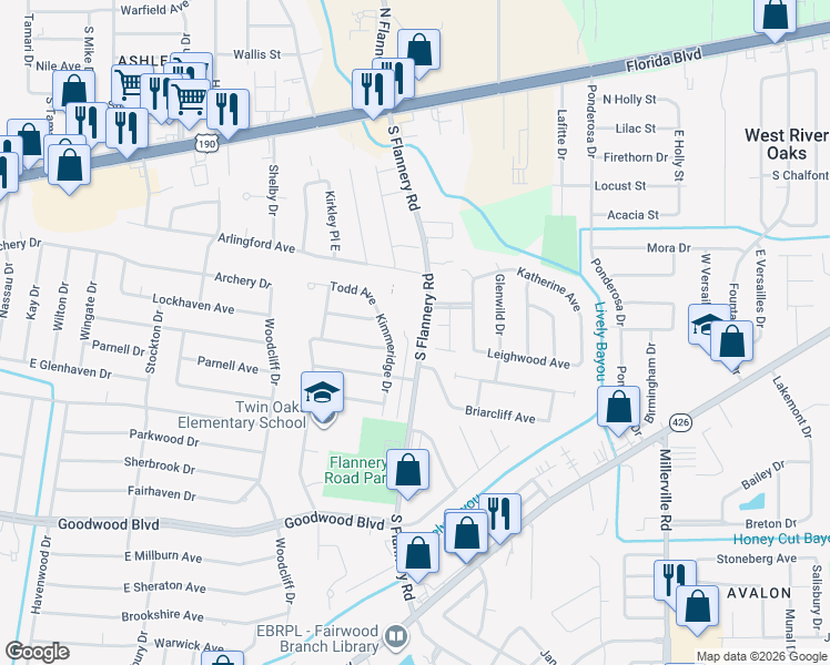 map of restaurants, bars, coffee shops, grocery stores, and more near 13513 Ashby Avenue in Baton Rouge