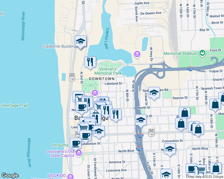 map of restaurants, bars, coffee shops, grocery stores, and more near in Baton Rouge