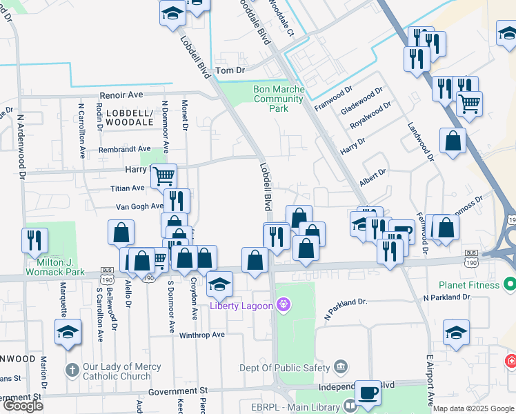 map of restaurants, bars, coffee shops, grocery stores, and more near 7337 Florida Boulevard in Baton Rouge