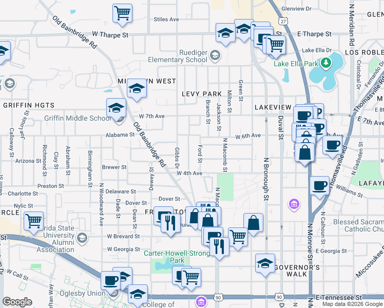 map of restaurants, bars, coffee shops, grocery stores, and more near 1126 Central Street in Tallahassee