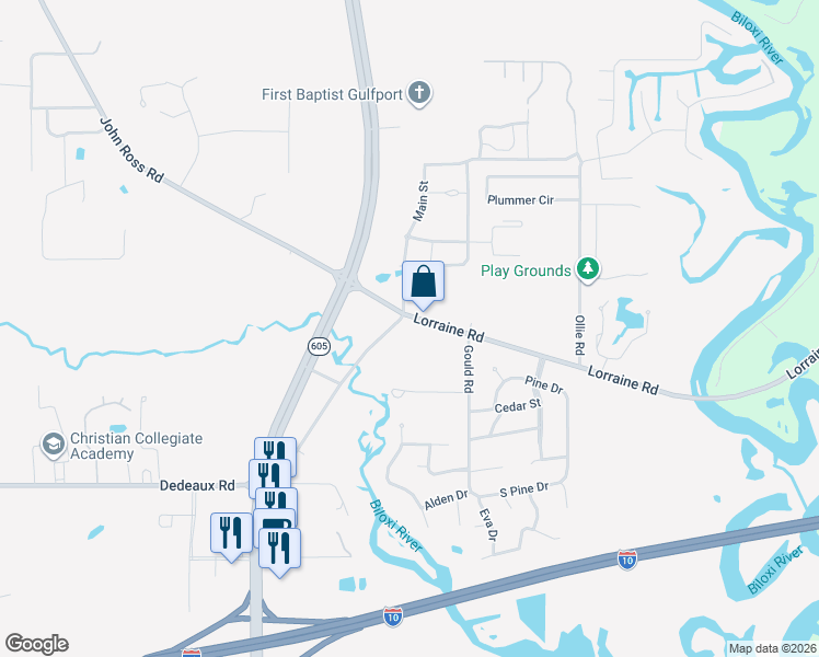 map of restaurants, bars, coffee shops, grocery stores, and more near 11526 Lorraine Road in Gulfport