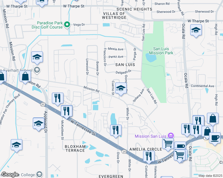 map of restaurants, bars, coffee shops, grocery stores, and more near 1104 Cuerno Street in Tallahassee