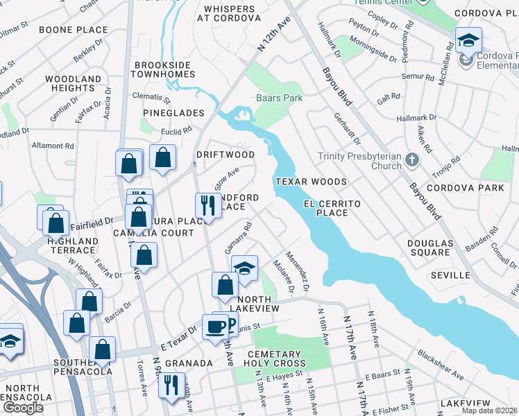 map of restaurants, bars, coffee shops, grocery stores, and more near 3848 Menendez Drive in Pensacola
