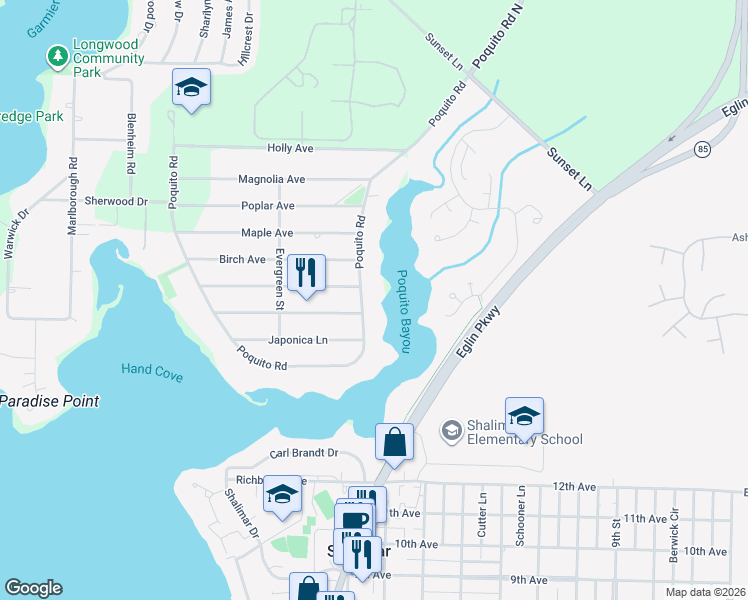 map of restaurants, bars, coffee shops, grocery stores, and more near 39 Poquito Road in Shalimar