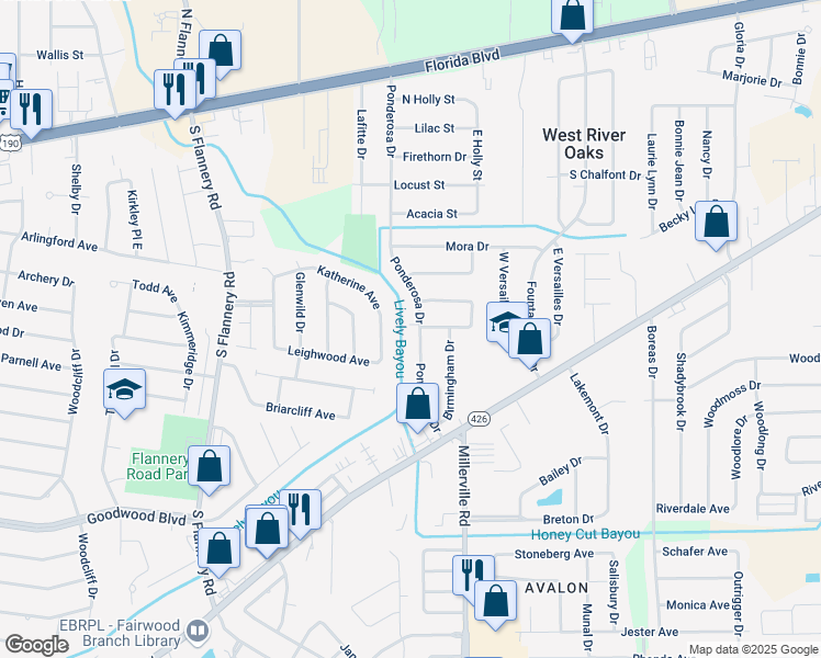 map of restaurants, bars, coffee shops, grocery stores, and more near 837 Ponderosa Drive in Baton Rouge