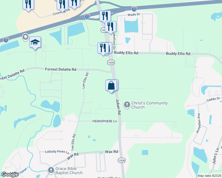 map of restaurants, bars, coffee shops, grocery stores, and more near 26471-26663 Juban Road in Denham Springs