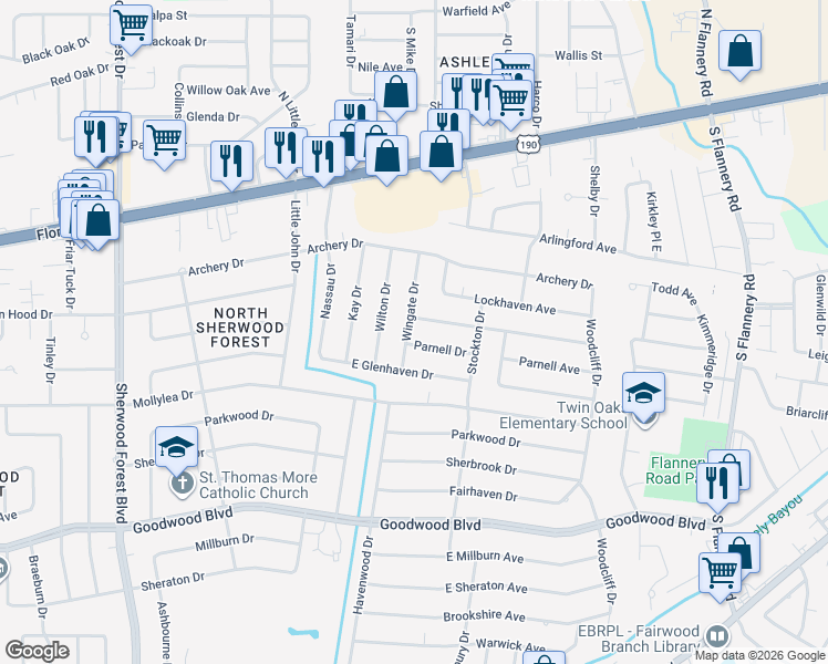 map of restaurants, bars, coffee shops, grocery stores, and more near 12322 Parnell Drive in Baton Rouge