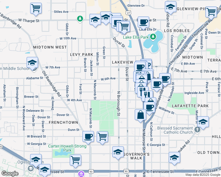 map of restaurants, bars, coffee shops, grocery stores, and more near 1217 North Martin Luther King Junior Boulevard in Tallahassee