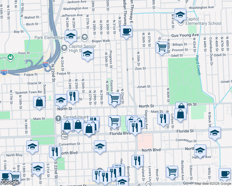 map of restaurants, bars, coffee shops, grocery stores, and more near 668 North 30th Street in Baton Rouge