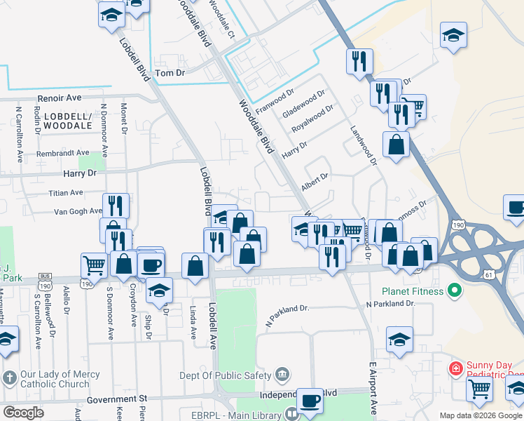 map of restaurants, bars, coffee shops, grocery stores, and more near 675 Wooddale Boulevard in Baton Rouge