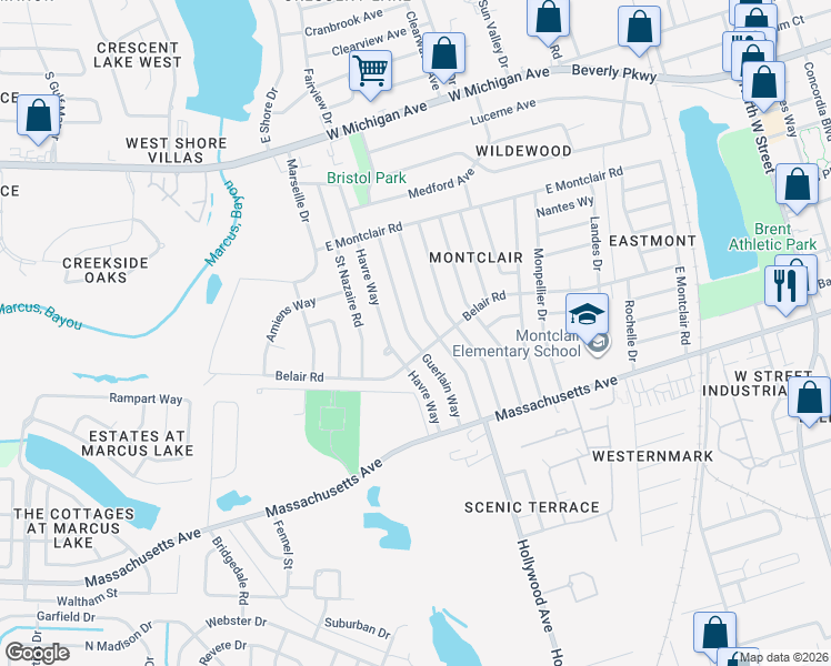 map of restaurants, bars, coffee shops, grocery stores, and more near 4504 Guerlain Way in Pensacola