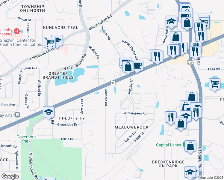 map of restaurants, bars, coffee shops, grocery stores, and more near 1618 Mahan Center Boulevard in Tallahassee
