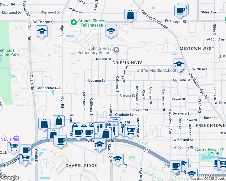 map of restaurants, bars, coffee shops, grocery stores, and more near 1032 Calloway Street in Tallahassee