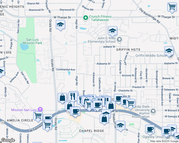 map of restaurants, bars, coffee shops, grocery stores, and more near 939 Arkansas Street in Tallahassee