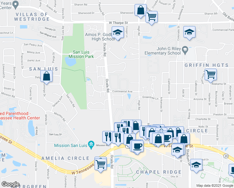 map of restaurants, bars, coffee shops, grocery stores, and more near 2067 Continental Avenue in Tallahassee