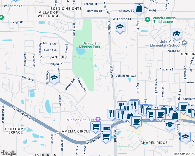map of restaurants, bars, coffee shops, grocery stores, and more near 1231 Chee Lane in Tallahassee