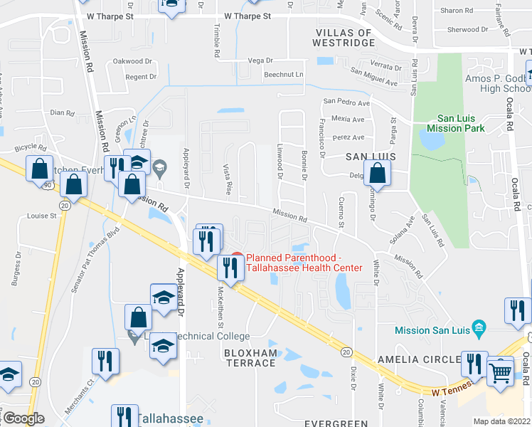 map of restaurants, bars, coffee shops, grocery stores, and more near 2603 West Mission Road in Tallahassee