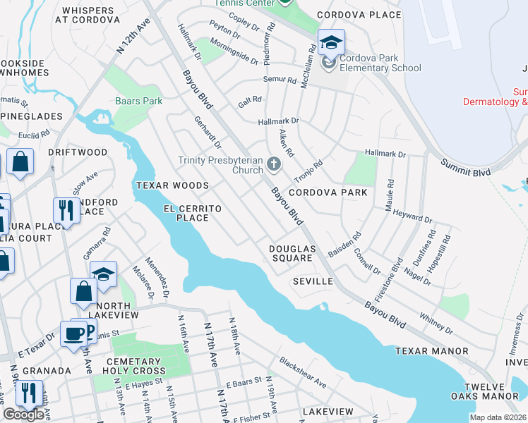 map of restaurants, bars, coffee shops, grocery stores, and more near 3531 Dunwoody Drive in Pensacola