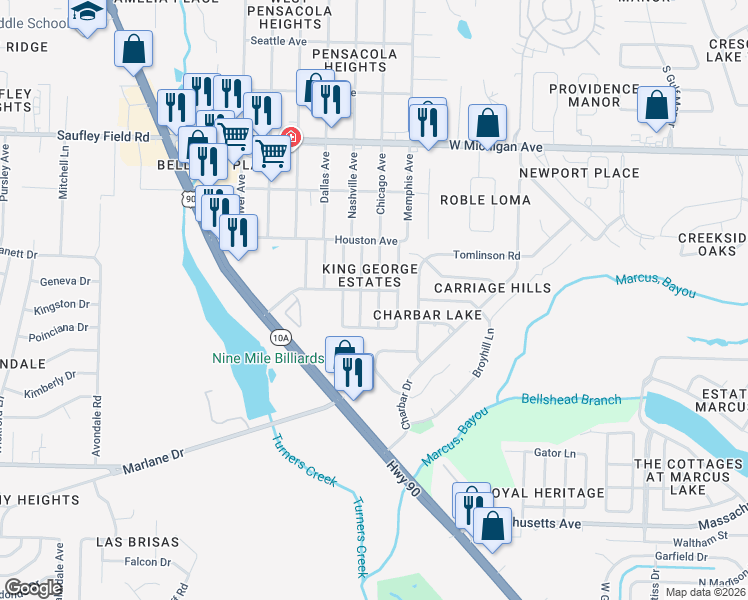 map of restaurants, bars, coffee shops, grocery stores, and more near 5334 Wales Avenue in Pensacola