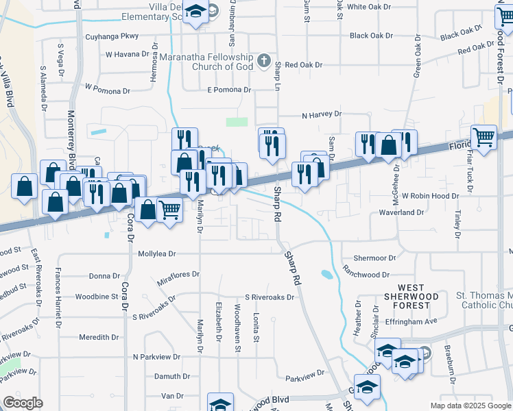 map of restaurants, bars, coffee shops, grocery stores, and more near 10145 Ballina Avenue in Baton Rouge
