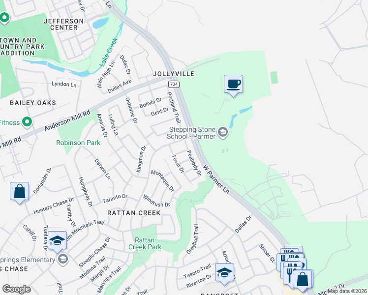 map of restaurants, bars, coffee shops, grocery stores, and more near 13421 Tossa Lane in Austin