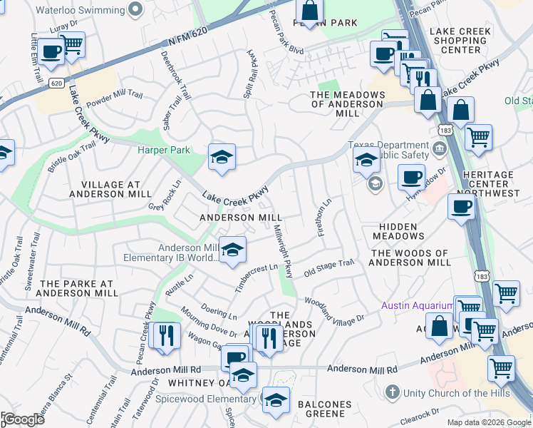 map of restaurants, bars, coffee shops, grocery stores, and more near 10707 Lake Creek Parkway in Austin