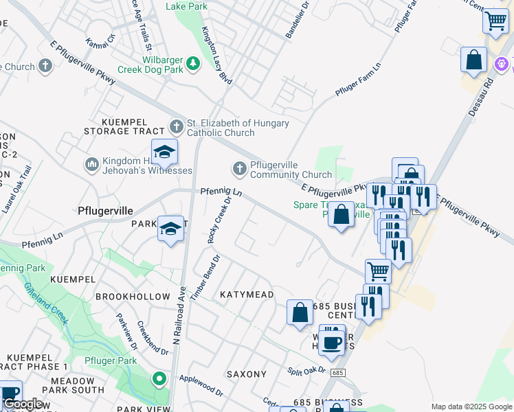 map of restaurants, bars, coffee shops, grocery stores, and more near 1303 Pfennig Lane in Pflugerville