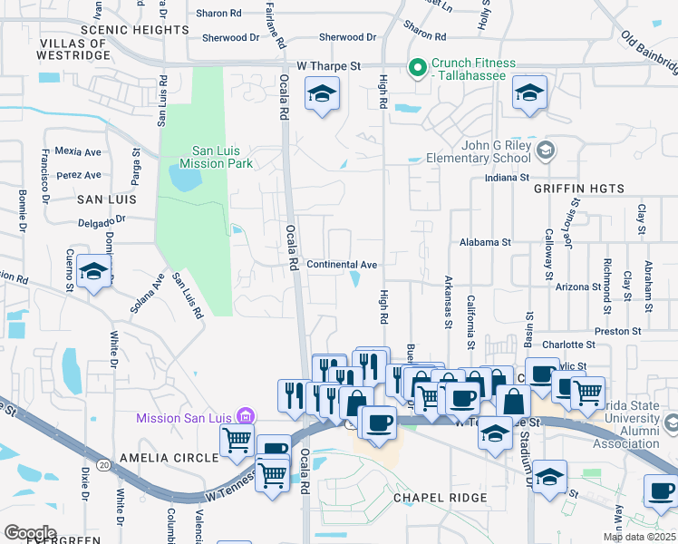 map of restaurants, bars, coffee shops, grocery stores, and more near 2027 Continental Avenue in Tallahassee