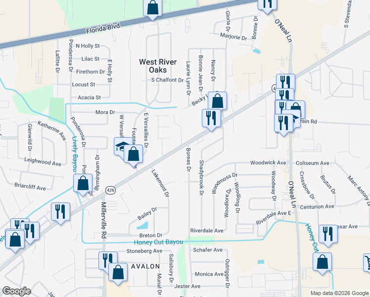map of restaurants, bars, coffee shops, grocery stores, and more near 1041 Boreas Drive in Baton Rouge