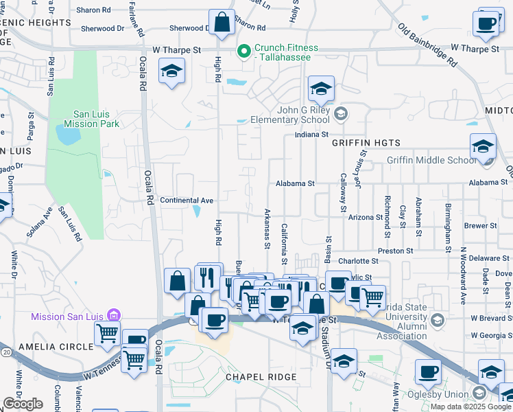 map of restaurants, bars, coffee shops, grocery stores, and more near 1103 Greentree Court in Tallahassee