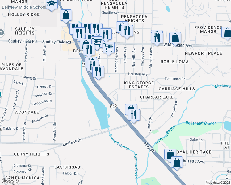 map of restaurants, bars, coffee shops, grocery stores, and more near 30 Anne Circle in Bellview