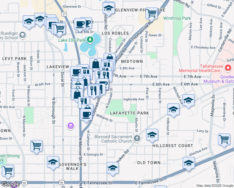 map of restaurants, bars, coffee shops, grocery stores, and more near 418 Ingleside Avenue in Tallahassee