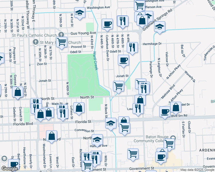 map of restaurants, bars, coffee shops, grocery stores, and more near 733 North 44th Street in Baton Rouge