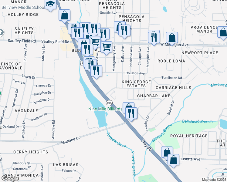 map of restaurants, bars, coffee shops, grocery stores, and more near 30 Anne Circle in Bellview
