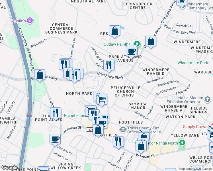 map of restaurants, bars, coffee shops, grocery stores, and more near 16101 White River Boulevard in Pflugerville